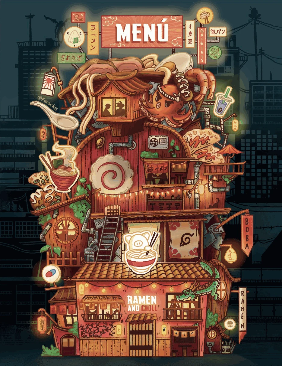El universo ilustrado de Ramen and Chill: ramen, onigiris y boba en una ciudad japonesa